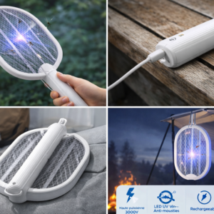 Raquette Électrique Anti-Moustiques Rechargeable – 3000V, LED UV & Pliable