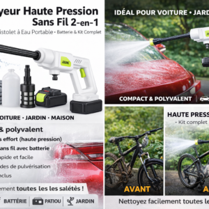 Nettoyeur Haute Pression Sans Fil 2-en-1 – Pistolet à Eau Portable avec Batterie & Accessoires