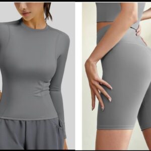 🩶✨ Ensemble Sport Sculptant Gris – Haut Ajusté & Short Taille Haute – Image 4