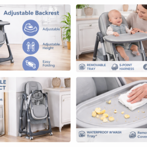 Chaise Haute Bébé Multifonction Réglable – Pliable avec Roues & Tablette – Image 7