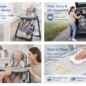 Chaise Haute Bébé Multifonction Réglable – Pliable avec Roues & Tablette – Image 3